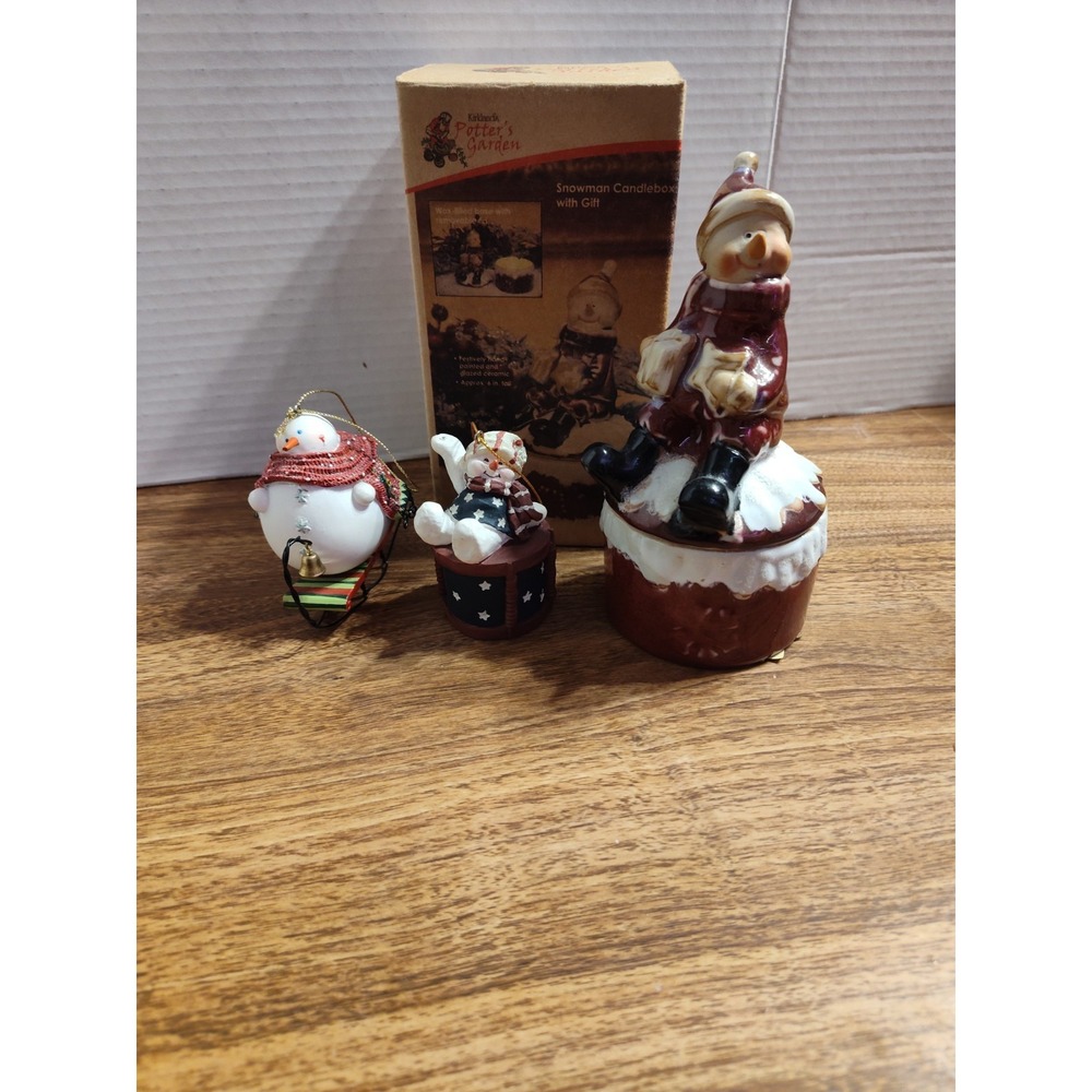 Kirklands Potters Garden Snowman Candlebox W/Box And 2 Snowman Ornaments